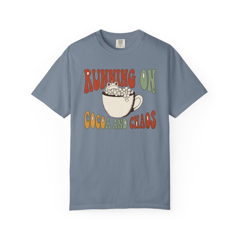 Running On Cocoa And Chaos Shirt, Comfort Colors Funny Christmas Mom Tee, Hot Chocolate Lover Gift, Retro Winter Frog Shirt