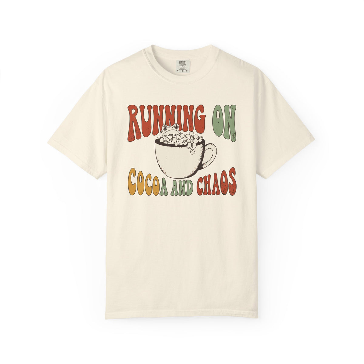 Running On Cocoa And Chaos Shirt, Comfort Colors Funny Christmas Mom Tee, Hot Chocolate Lover Gift, Retro Winter Frog Shirt