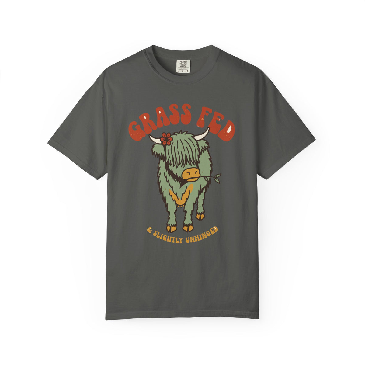 Grass Fed & Slightly Unhinged Highland Cow Shirt, Comfort Colors Funny Cow Tee, Retro Farm Animal Gift, Cottagecore Cow Shirt