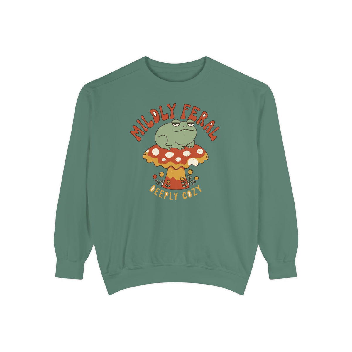 Mildly Feral Deeply Cozy Frog Sweatshirt, Comfort Colors Cottagecore Mushroom Crewneck, Retro Frog Lover Gift, Funny Introvert Shirt
