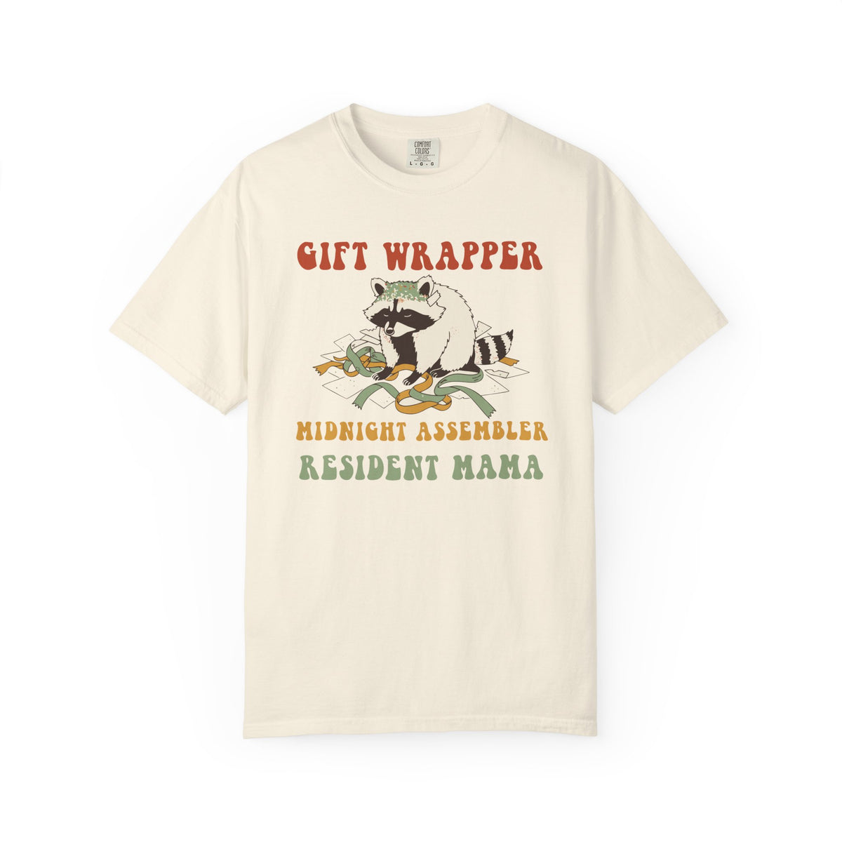 Gift Wrapper Midnight Assembler Resident Mama Shirt, Comfort Colors Funny Christmas Mom Tee, Holiday Mom Gift, Retro Raccoon Tee