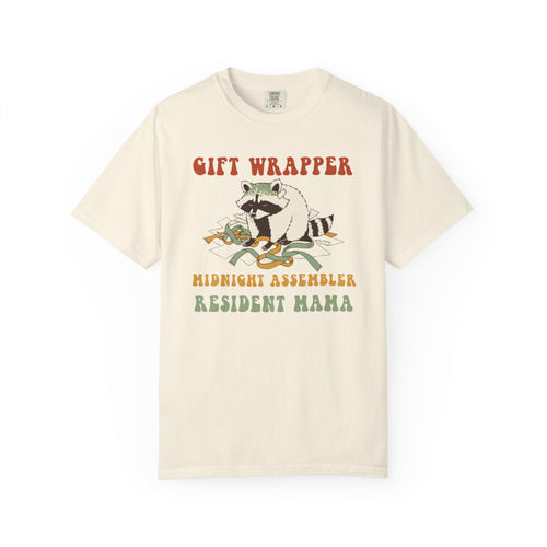 Gift Wrapper Midnight Assembler Resident Mama Shirt, Comfort Colors Funny Christmas Mom Tee, Holiday Mom Gift, Retro Raccoon Tee