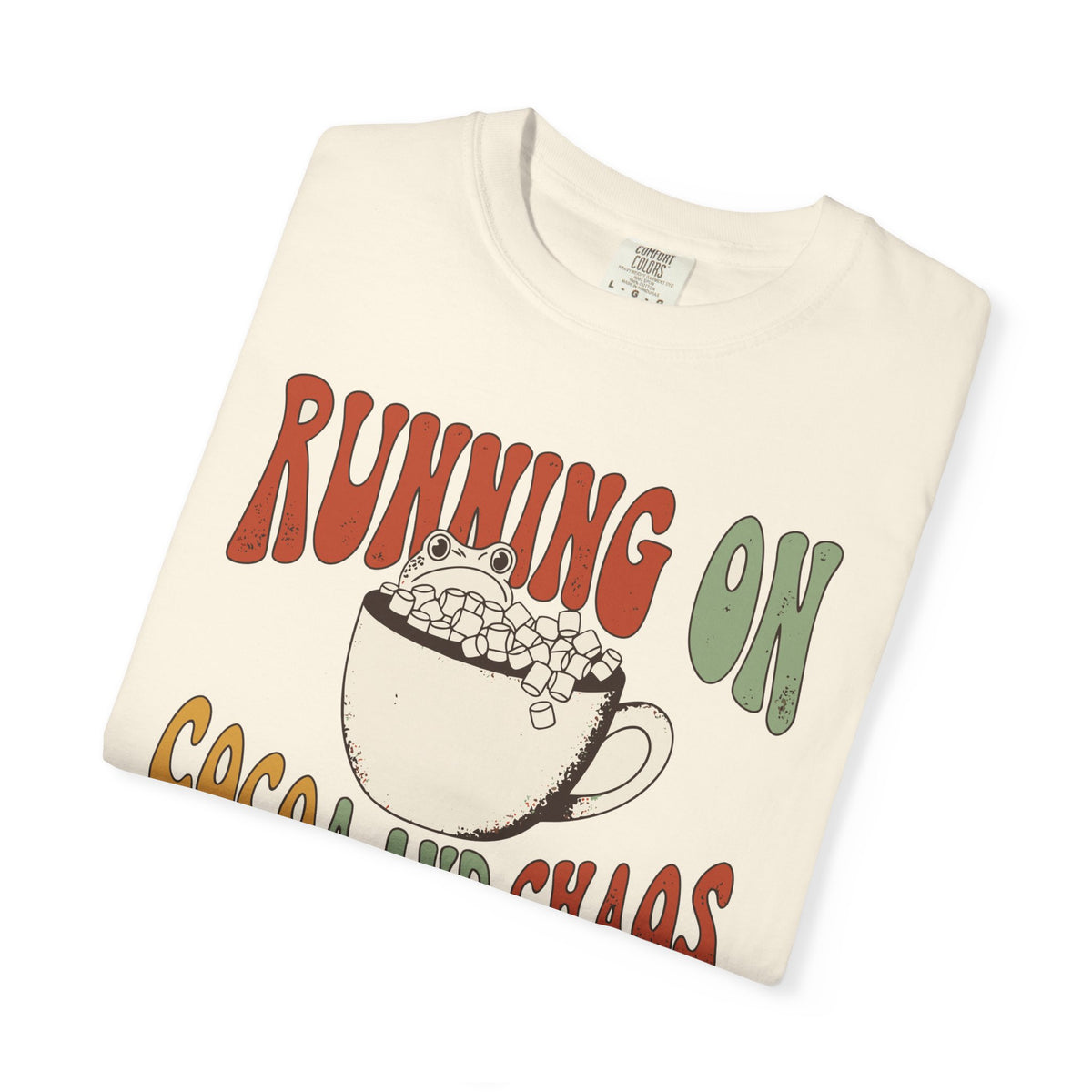 Running On Cocoa And Chaos Shirt, Comfort Colors Funny Christmas Mom Tee, Hot Chocolate Lover Gift, Retro Winter Frog Shirt