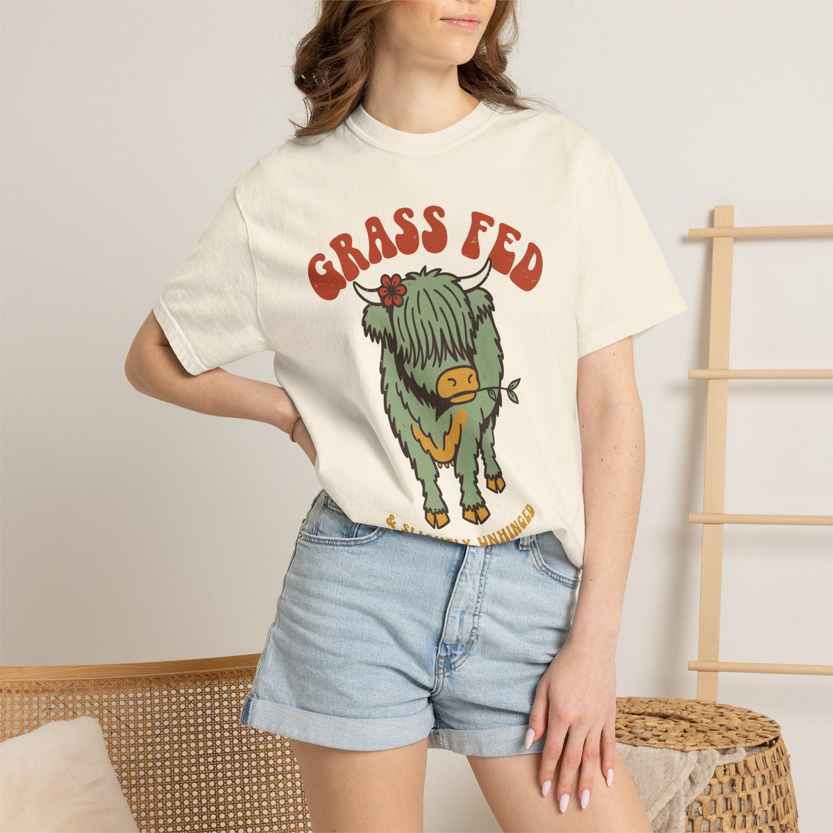 Grass Fed & Slightly Unhinged Highland Cow Shirt, Comfort Colors Funny Cow Tee, Retro Farm Animal Gift, Cottagecore Cow Shirt