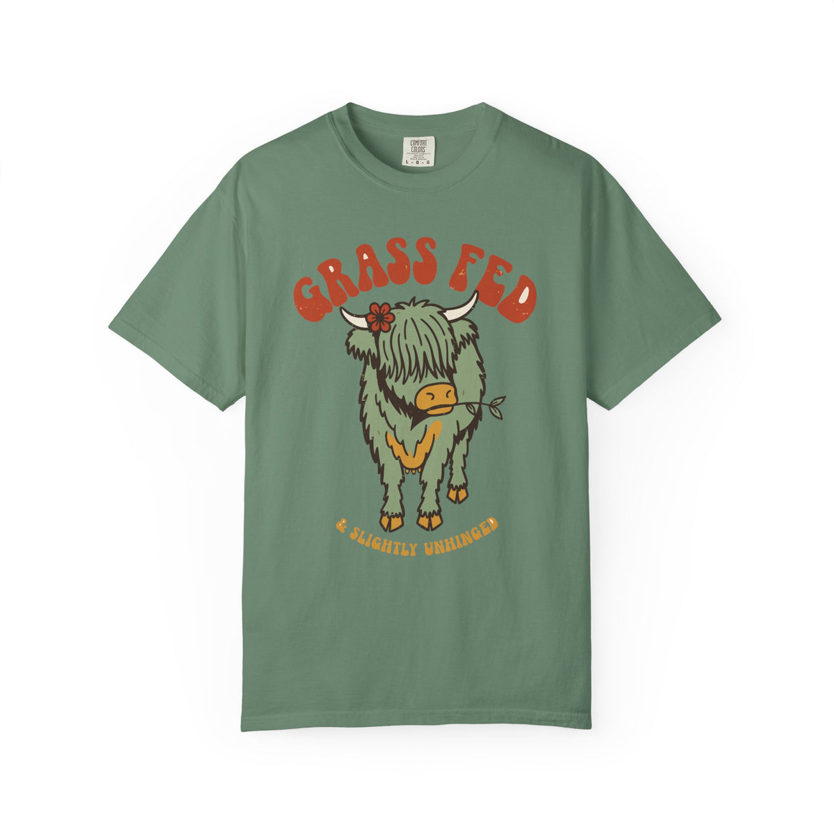 Grass Fed & Slightly Unhinged Highland Cow Shirt, Comfort Colors Funny Cow Tee, Retro Farm Animal Gift, Cottagecore Cow Shirt