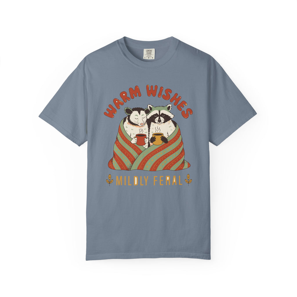 Warm Wishes Mildly Feral Shirt, Comfort Colors Funny Christmas Possum Raccoon Tee, Cozy Holiday Gift, Retro Winter Animal Shirt