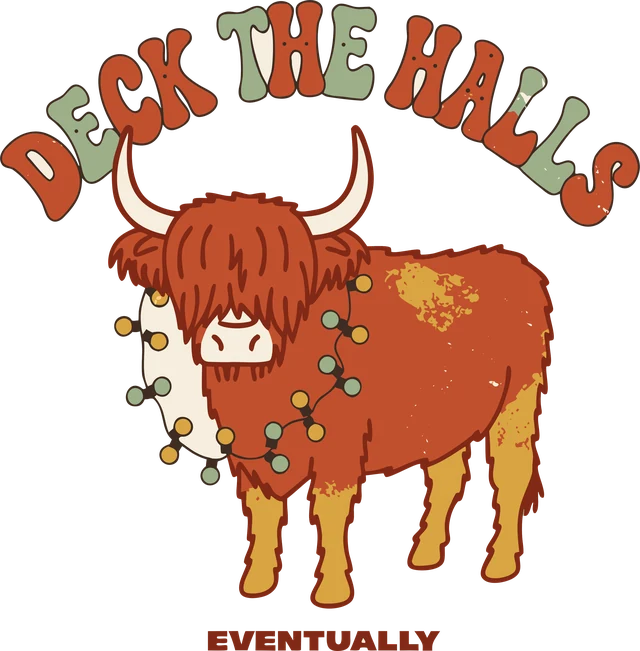 Deck the Halls, Eventually: a highland cow wrapped in Christmas lights